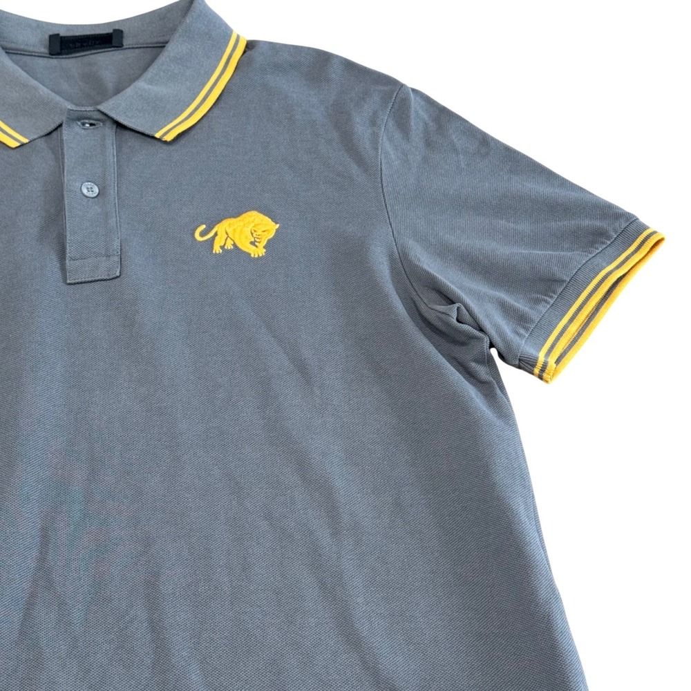 Prada Mens XL Polo Shirt Grey Yellow Panther Embroidered Tipped Cotton Pique - Picture 2 of 12